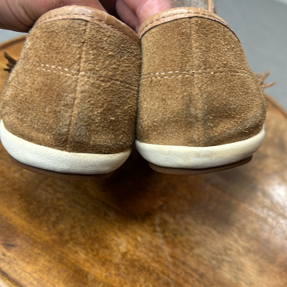 Sanuk Shoes Womens 10 Brown Suede Pink Fringe Slip On Moccasin Loafers - Picture 13 of 13